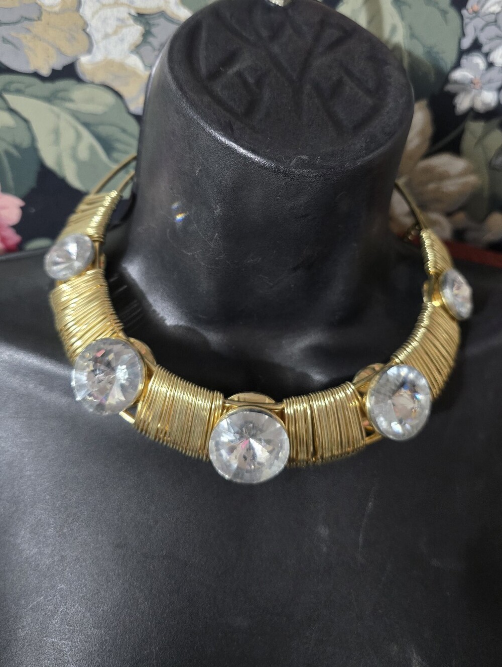Gold Wire Wrap Choker Necklace with Clear Crystal Accents Beautiful Large BOLD